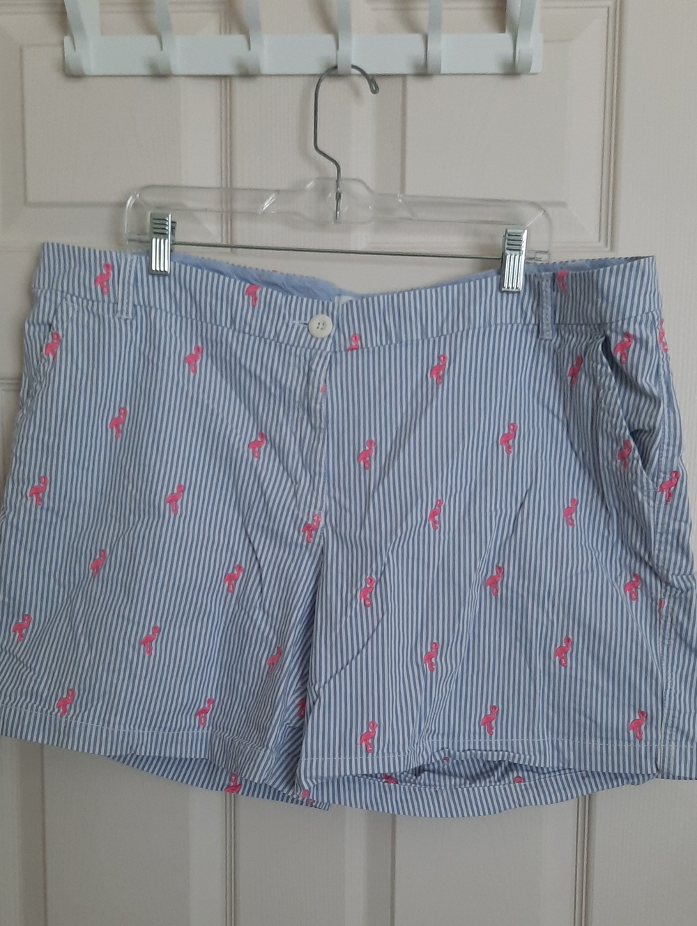 crown & ivy Blue and White Striped Shorts with Pink Flamingo Embroidery